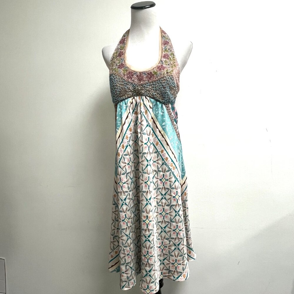 Nicole Miller party dress turquoise beaded sleeveless halter backless silk 8